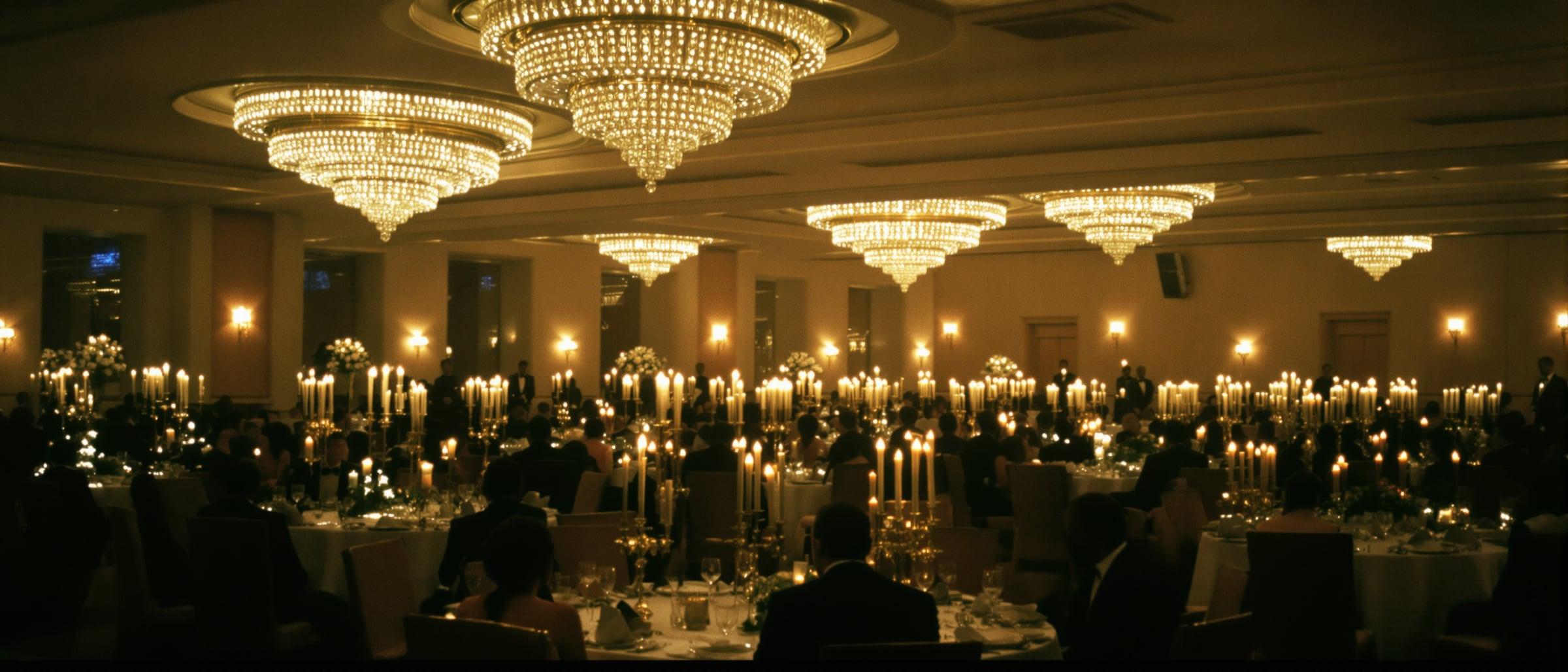 A candlelit black-tie dinner beneath crystal chandeliers in a Lagos hotel ballroom